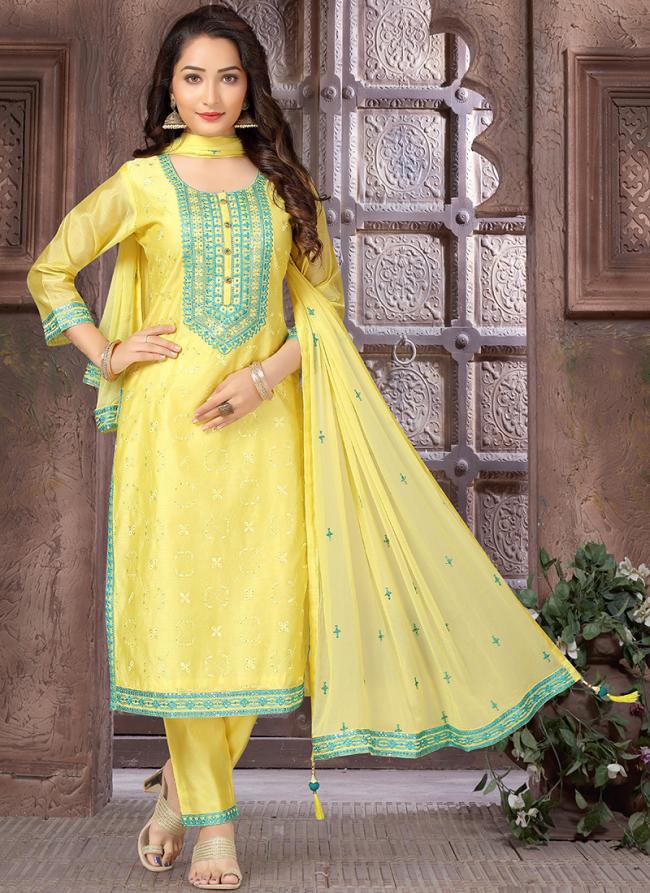 Lemon Chanderi Silk Festival Wear Embroidery Work Readymade Salwar Suit